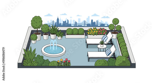 rooftop garden with fountain and city skyline view