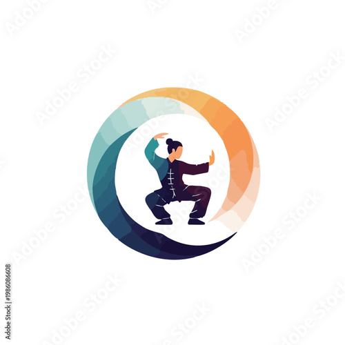 Tai Chi Harmony Pose with Flowing Energy Circle in Minimalist Modern Vector Illustration of Balanced Motion and Zen Concept Design