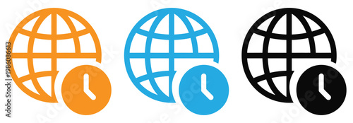 Globe clock icons in orange blue black vector illustration