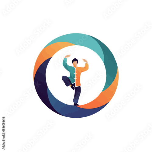Tai Chi Harmony Pose with Flowing Energy Circle in Minimalist Modern Vector Illustration of Balanced Motion and Zen Concept Design