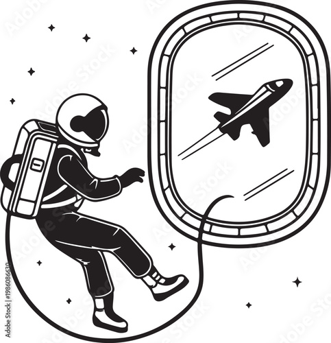 Space tourist floating near spacecraft window silhouette vector