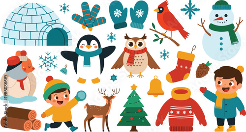 Winter holiday elements set flat cartoon vector illustration with snowman penguin owl deer igloo kids christmas icons isolated on white background
