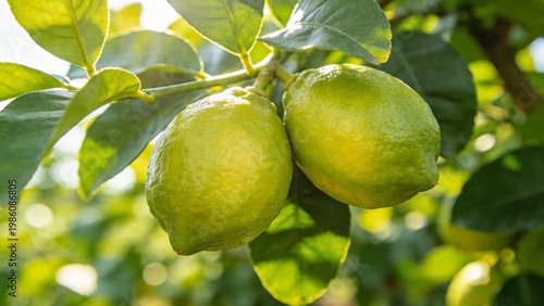 Fresh green lemons growing on tree branch in sunlight citrus fruit close up