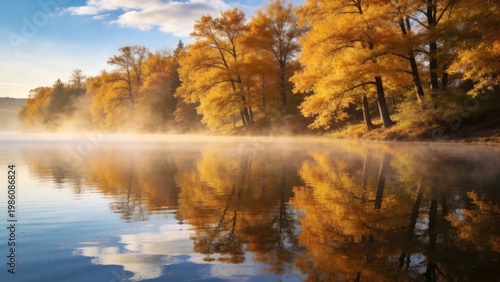 Beautiful autumn forest reflected on calm lake at sunrise with golden fall colors