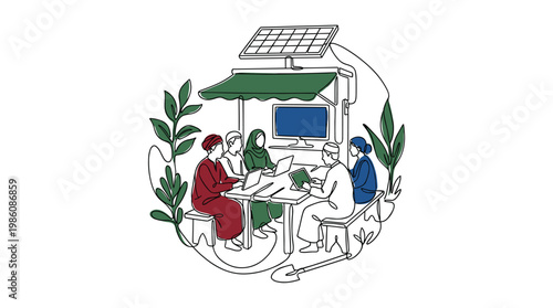 A group of young farmers in traditional attire gather under a solar-powered learning canopy to study agricultural data on laptops and digital tablets.
