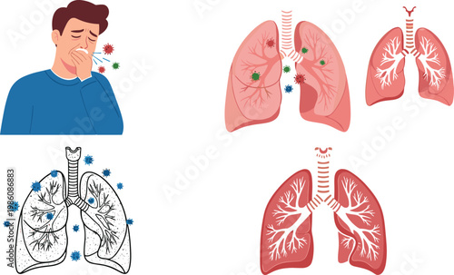 Human Lung Disease Illustration Set Showing Respiratory Infection Cough Symptoms and Healthy Lungs for Medical Healthcare Education and Awareness Design Collection