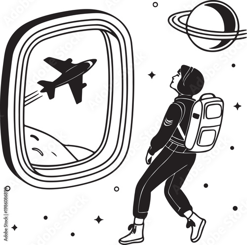 Space tourist floating near spacecraft window silhouette vector