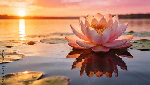 Pink Lotus Flower on Water at Sunset Serenity, Meditation and Nature Beauty