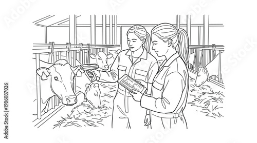 Two professional female veterinarians utilize handheld digital scanners and tablets to monitor livestock health inside a spacious, rustic dairy barn.