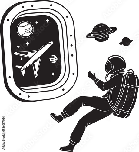 Space tourist floating near spacecraft window silhouette vector