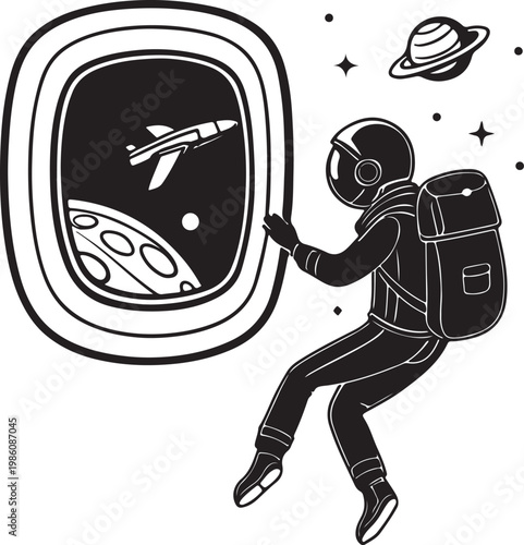 Space tourist floating near spacecraft window silhouette vector