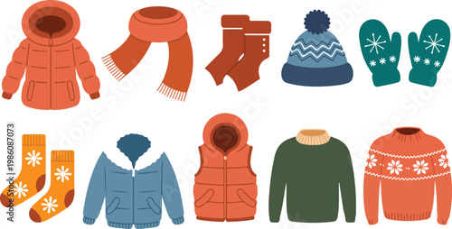 Winter clothing collection flat cartoon vector illustration coats sweaters boots scarf mittens beanie cozy fashion set isolated on white background