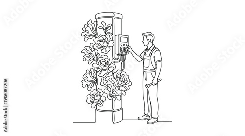 Skilled technician performs precise maintenance on a vertical hydroponic column featuring lush leafy greens in a clean, minimalist line art aesthetic.