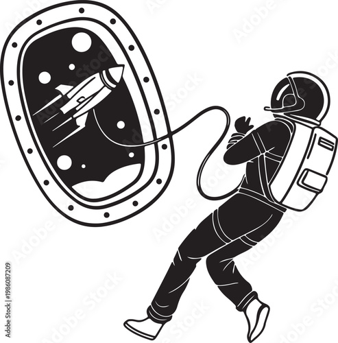 Space tourist floating near spacecraft window silhouette vector