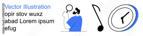 Time management, music, curiosity, observation, creativity, innovation. A person examining with a magnifying glass, a musical note and a clock. Time management and music concepts