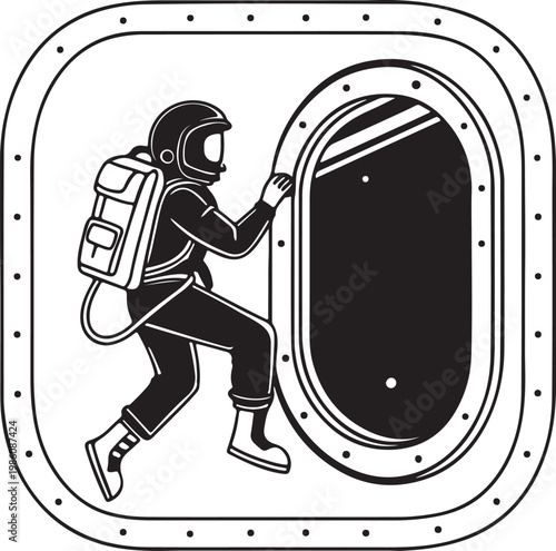 Space tourist floating near spacecraft window silhouette vector