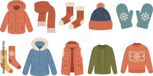 Winter clothing collection flat cartoon vector illustration coats sweaters boots scarf mittens beanie cozy fashion set isolated on white background