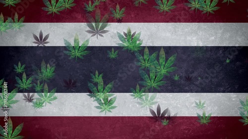 Green cannabis icons slowly rotating and falling over a Thailand flag background, symbolizing the topic of cannabis in a national or cultural context.