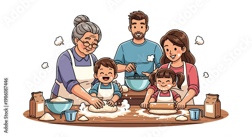Family baking together in kitchen with children and parents