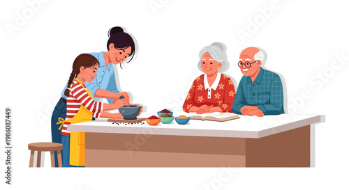 Family baking together in kitchen with love and happiness