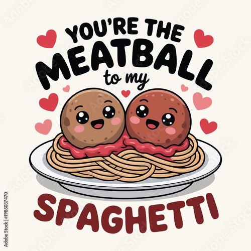Cute food couple, meatball and spaghetti, Valentine's Day vector, love food illustration, romantic pasta