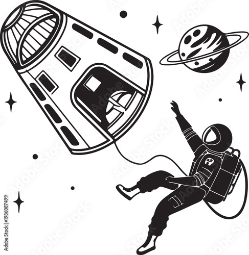 Space tourist floating near spacecraft window silhouette vector