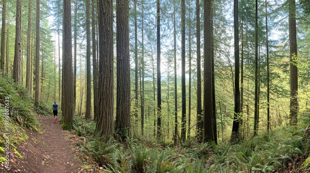 Obraz premium Runner on Forest Trail: Lush Greenery, Tall Trees, Serene Nature Scene.