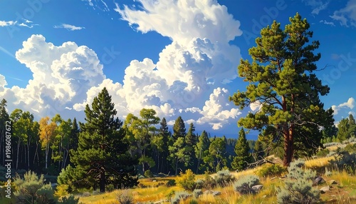 A serene forest landscape with trees and a blue sky