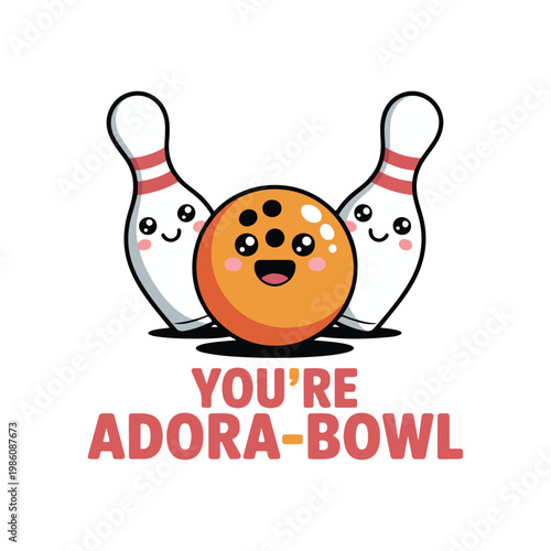 Fun bowling icons, cartoon bowling ball, pins, You're Adora-Bowl, playful illustration, vector graphics