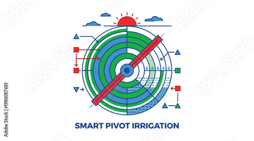 Intelligent circular pivot irrigation system distributes water across agricultural fields using automated geometric flow controls in a bright sunny climate.