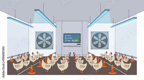 A modern, climate-controlled poultry house features automated feeding systems and a central digital panel managing lighting and ventilation for the chickens.