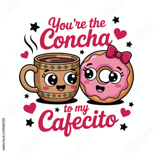 Donut, coffee cup, cute cartoon characters, Valentine's Day, sweet treats, food and drink duo