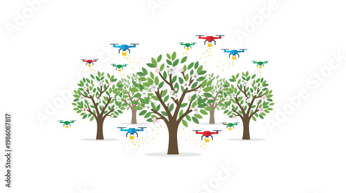 Vibrant micro-drones hover around blooming almond trees to release golden pollen particles within a clean and minimalist agricultural orchard setting.