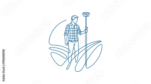 Single continuous blue line drawing depicts a dedicated farmer holding a tall GPS surveying pole while mapping the contours of a vast agricultural field.