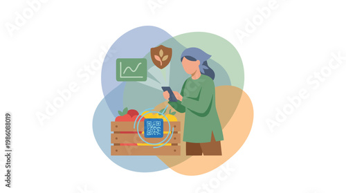 Diligent farmer scans a digital QR code on a wooden crate of fresh produce using a smartphone while standing within a soft-toned agricultural setting.