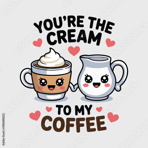 Cute coffee cup and creamer vector, sweetheart valentine's day design, romantic coffee lover gift, heartwarming beverage illustration