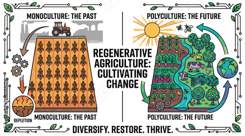 A split-screen illustration compares a depleted monoculture corn field with a thriving, biodiverse polyculture farm ecosystem to show regenerative change.