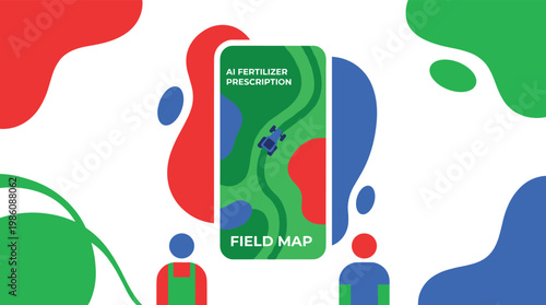 A smartphone screen displays a detailed AI fertilizer prescription map for field management while two farmers stand in a colorful and modern environment.