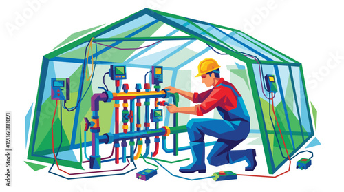 A skilled engineer wearing a bright yellow hard hat kneels inside a glass greenhouse, adjusting complex irrigation pipes and digital monitoring sensors.