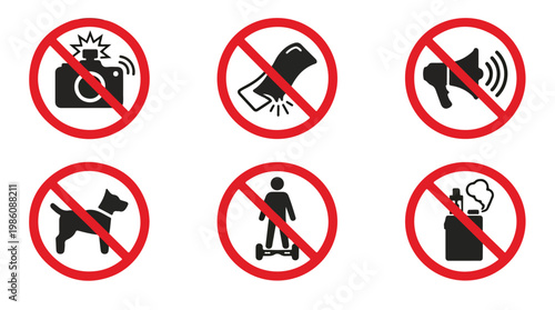 Collection of six prohibition signs including no flash photography, no loud noise, no dogs, no electric scooters
