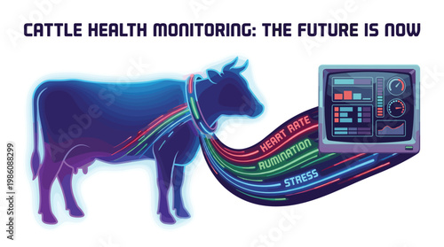 Glowing neon cow silhouette transmits vital health data like heart rate and stress levels to a digital monitor in this advanced livestock management art.