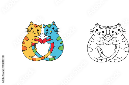 Two Cute Cats Making Heart Shape Illustration Set, Colorful and Line Art Version for Kids Coloring Book, Romantic Vector Kitten Pair for Valentines Day or Animal Lovers