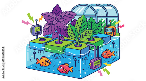 Integrated aquaponics raft system features vibrant plants and aquatic life monitored by digital sensors for optimal pH, temperature, and nutrients.