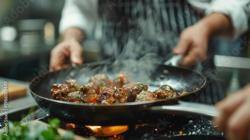 close-up of a professional chef putting a frying pan on an induction stove before starting to cook burger.