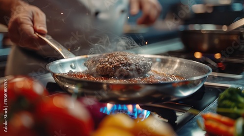 close-up of a professional chef putting a frying pan on an induction stove before starting to cook burger.