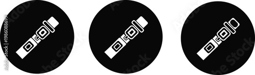 Vector collection of minimalist black and white seat belt icons featuring safety harness buckles in circular circles isolated on white background for automotive design