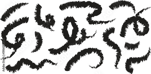 Set of black swirly fuzzy brush strokes on white background  abstract shapes