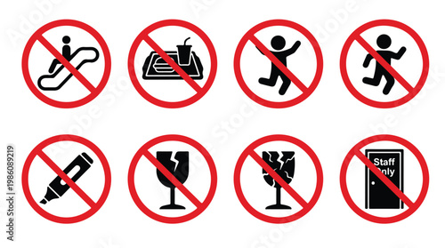 Collection of prohibition signs showing no escalators, no food or drink, no running, no jumping, no markers, no fragile