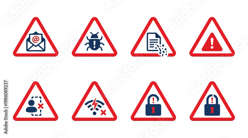 Collection of digital warning signs representing cybersecurity threats like viruses, data loss, and unauthorized access