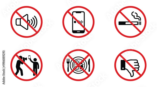 Collection of six prohibition signs indicating no sound, no phone, no smoking, no selfies, no food, and no dislike